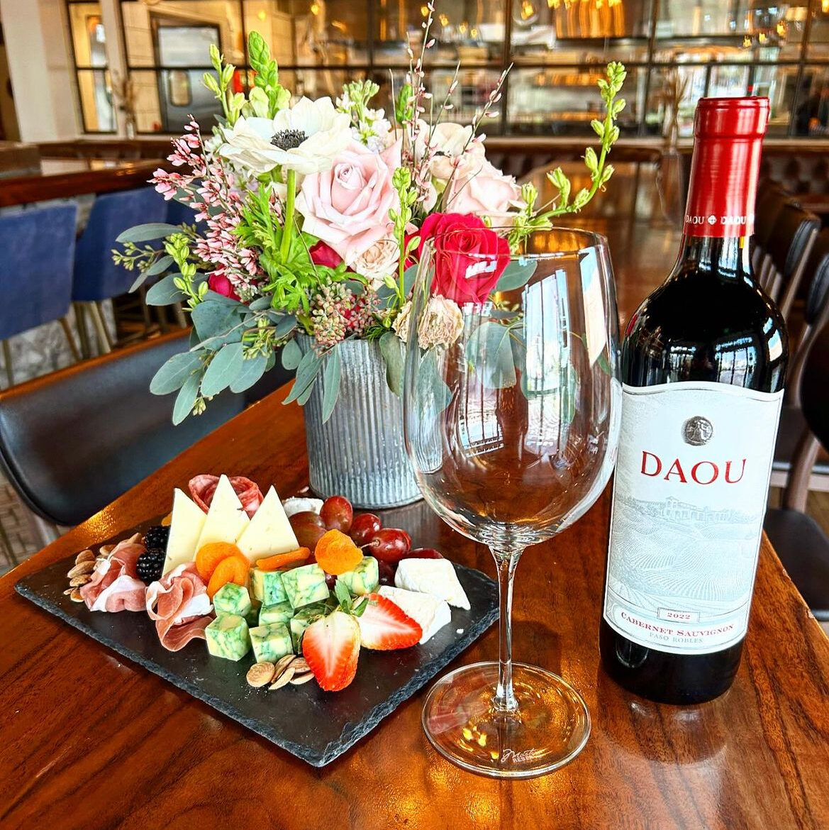 cheese and fruit sampler paired with Cabernet wine